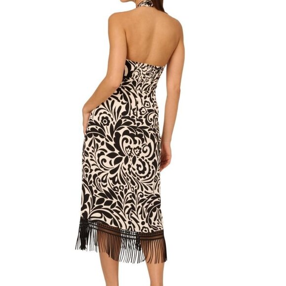 Adrianna Papell Sleeveless Halter Fringe Trim Midi Dress - Black/Beige NWT 14 - Picture 2 of 5